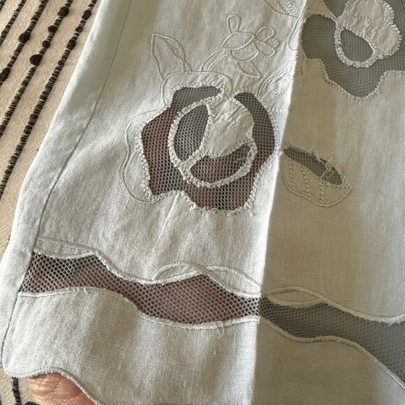 FRANCE 1 90s Vintage Light Blue Linen Wide leg pants wavy hem Ankle Length 4 - Picture 5 of 6